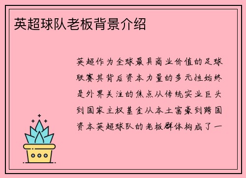 英超球队老板背景介绍